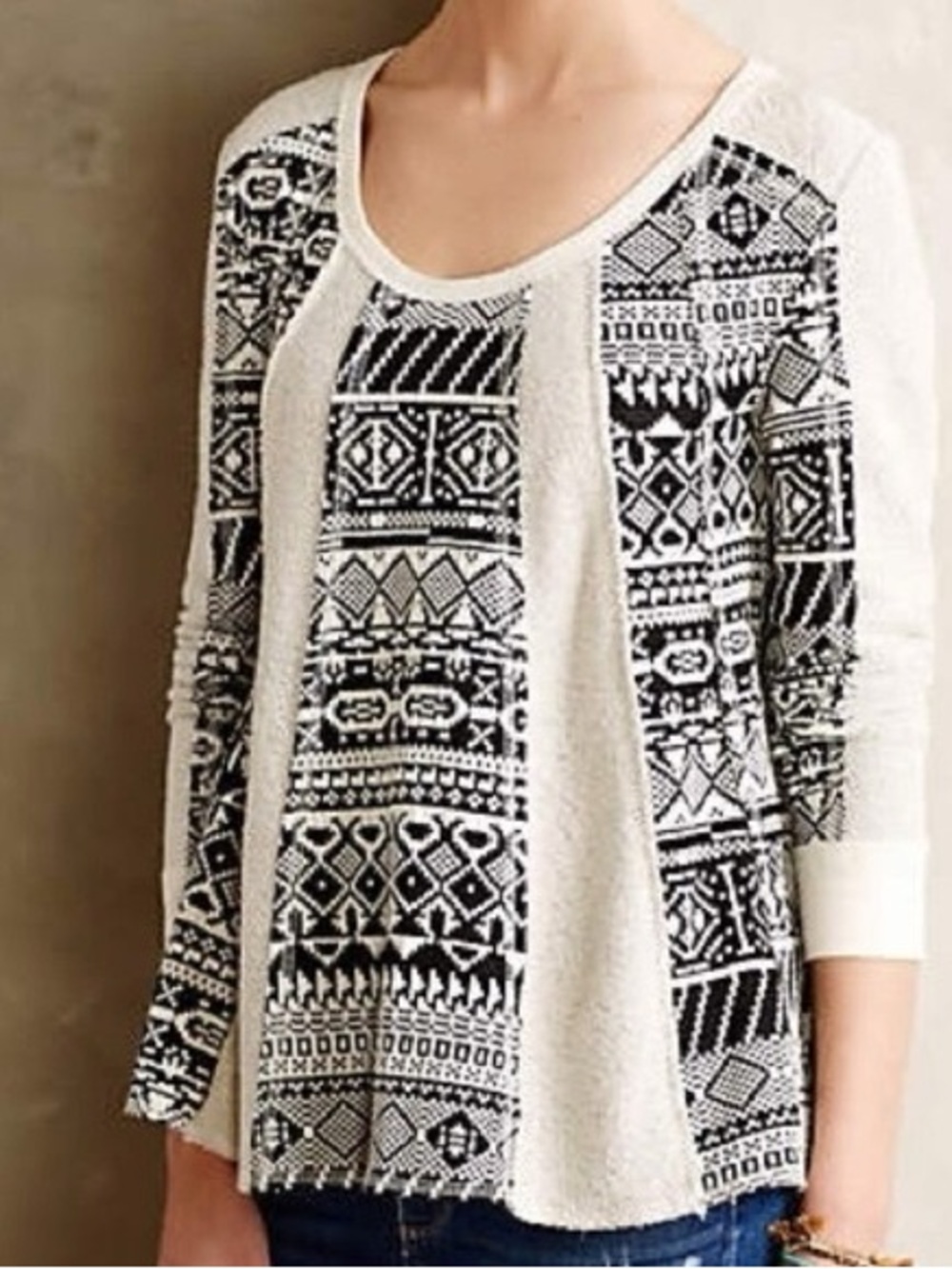 Anthropologie Cream and Black Patterned Scoop-Neck Sweatshirt Lilka brand
